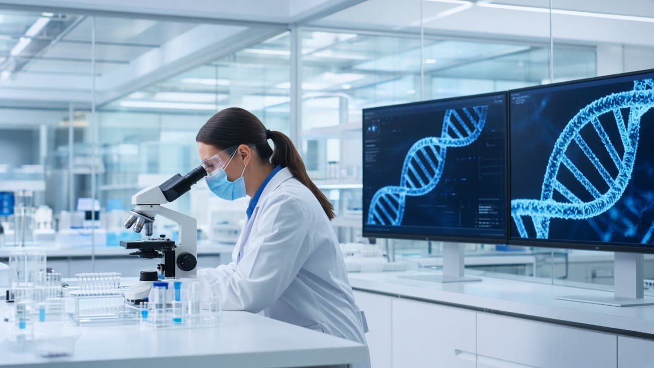 Scientist working at a microscope in a funded lab